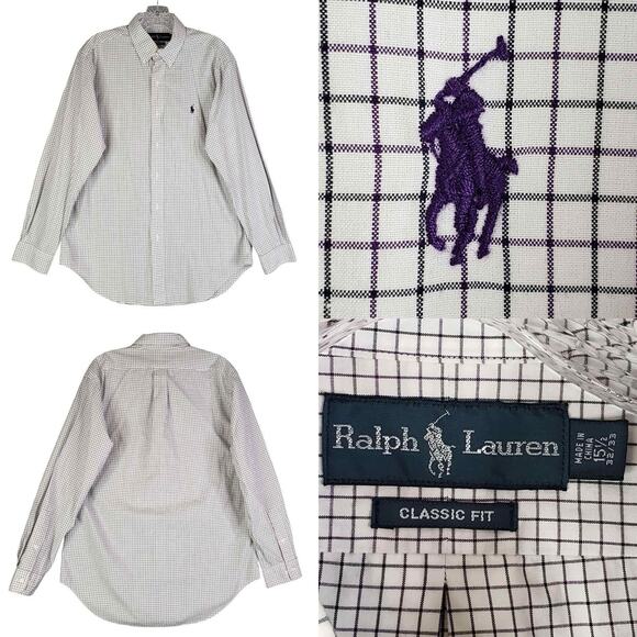 Polo Ralph Lauren Shirt Oxford Button Down Mens Size 15.5 Medium White Plaid LS - Picture 1 of 9